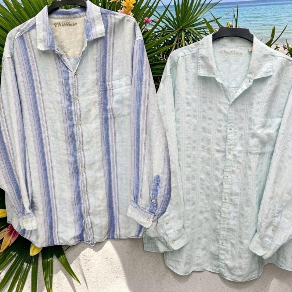 Caribbean Set of 2 Button Up Shirts Linen Blend Mens 3XB Stay Cool Blue Green